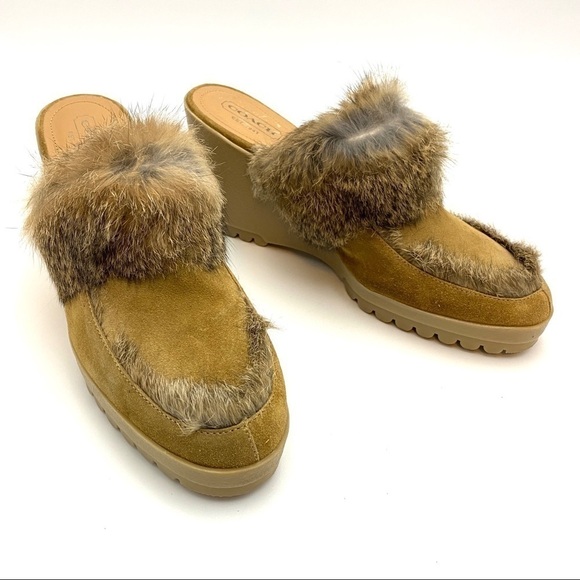 COACH Kaela Rabbit Fur Platform Tan Wedge Mule Clog Heels Italy Women's 11B - Picture 2 of 9